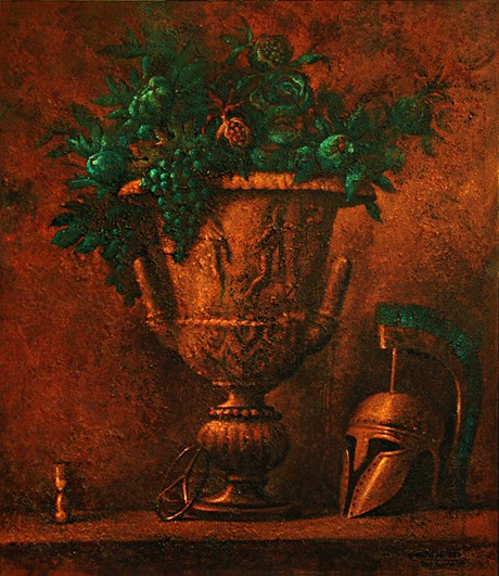 VANITY OF VANITIES. Still life with antique vase, a Greek helmet and a sign of Mercedes